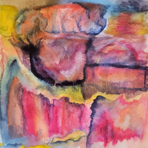 Abstract watercolor painting in shades of pink, yellow, and blue. The shapes suggest rock formations.